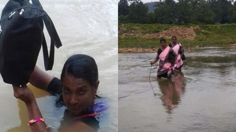 গলা পর্যন্ত জল পেরিয়ে স্কুলে পৌঁছন দিদিমনি